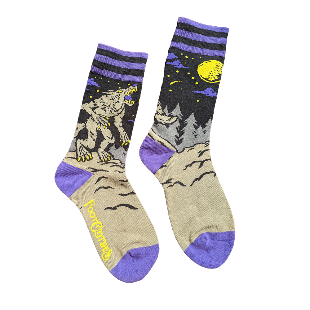 Evil AF Werewolf Socks. A pair of socks featuring an evil werewolf design. Grey legs, purple heel, toe and cuff. 