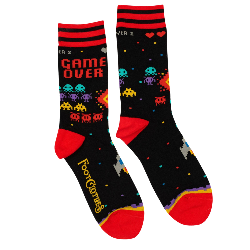 
                      
                        Game Over 80s Video Game Socks. A pair of socks featuring space invaders and game over. Black legs, red heel, toe and cuff. 
                      
                    