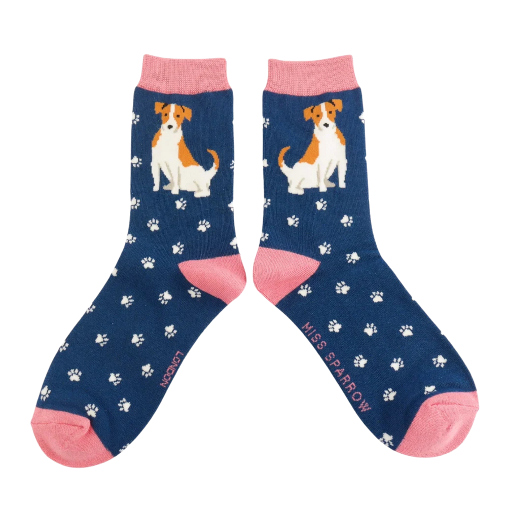 
                      
                        A pair of socks featuring a cute jack russell. Navy legs, pink heel, toe and cuff. 
                      
                    