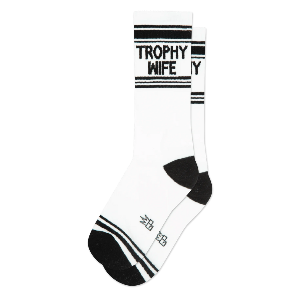 Trophy Wife Gym Crew Socks. A pair of sports style socks in black and white with the slogan "Trophy Wife"