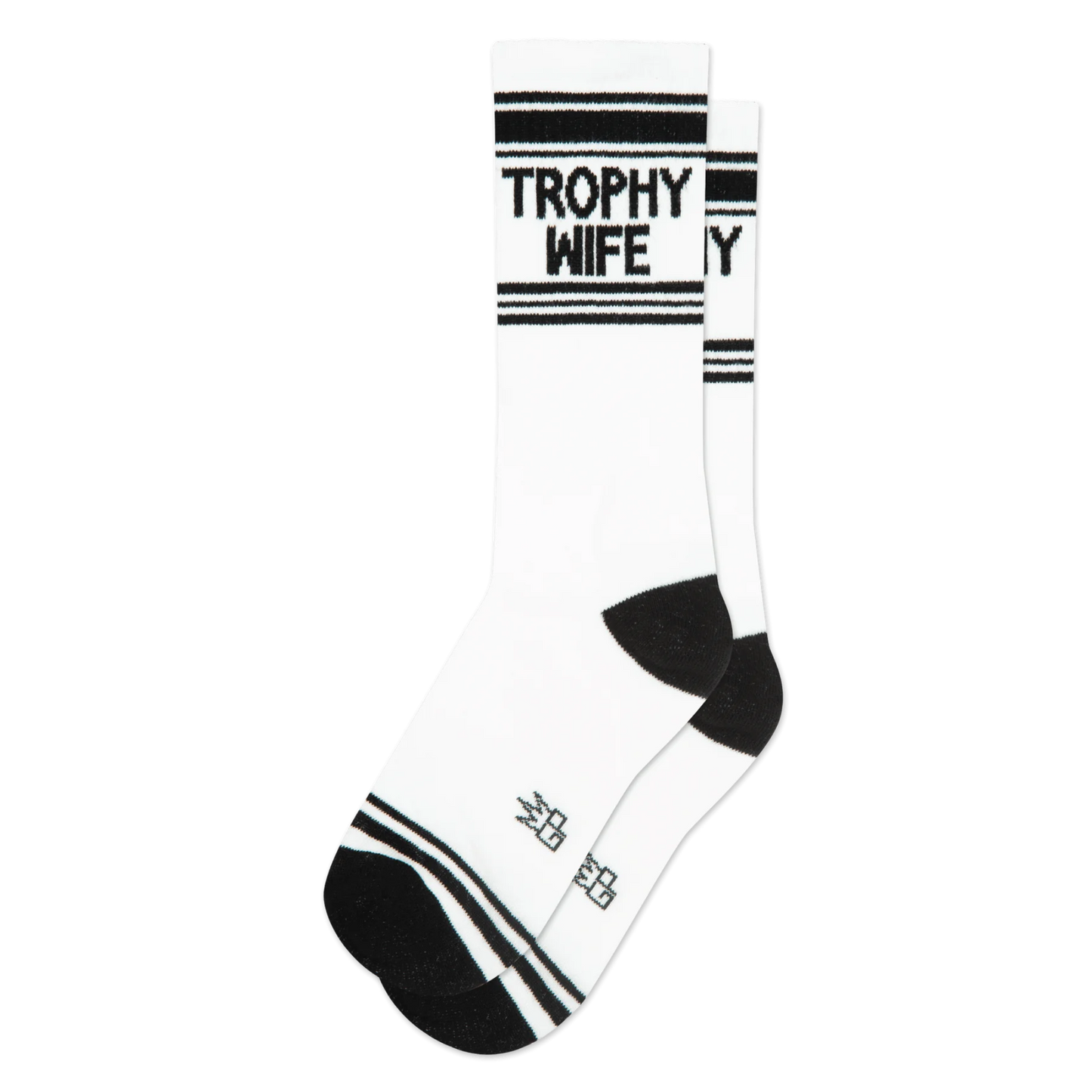 Trophy Wife Gym Crew Socks. A pair of sports style socks in black and white with the slogan "Trophy Wife"