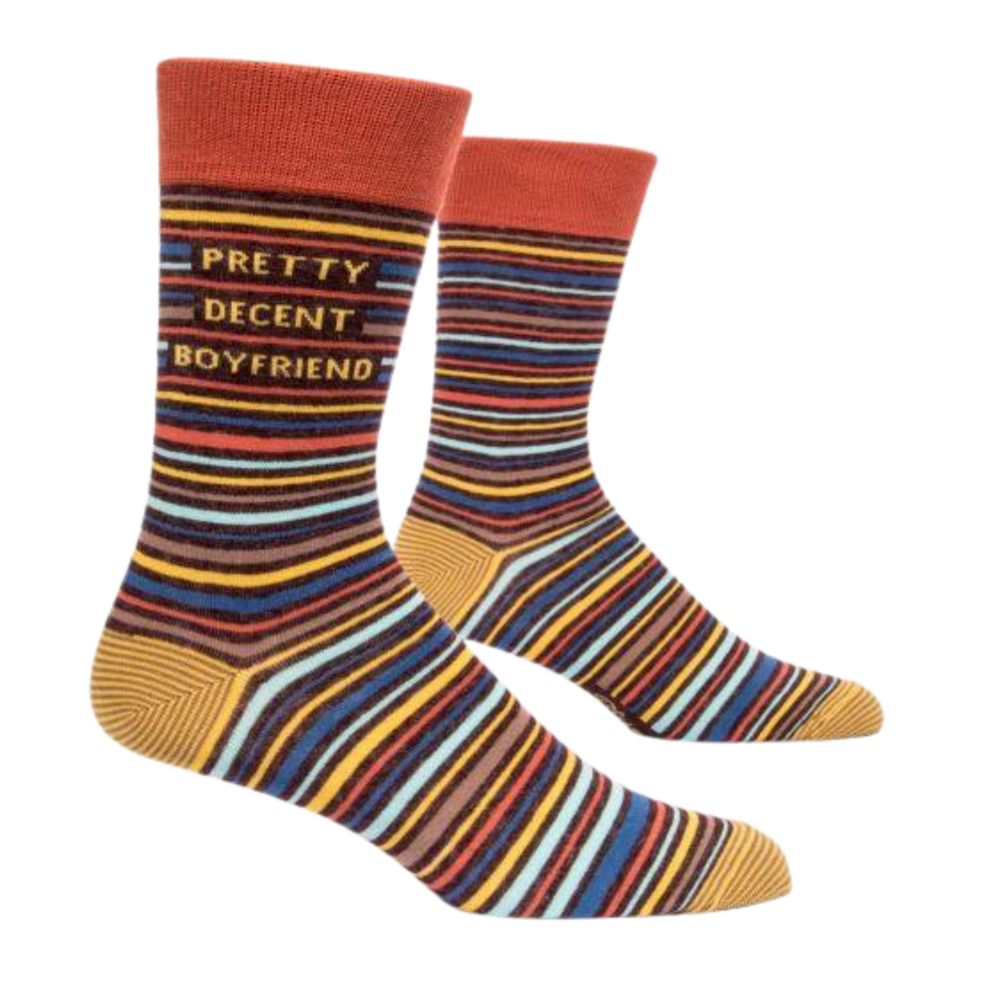 Pretty Decent Boyfriend Socks. A pair of socks with a striped pattern and a slogan. Striped legs, heel, toe and cuff. 