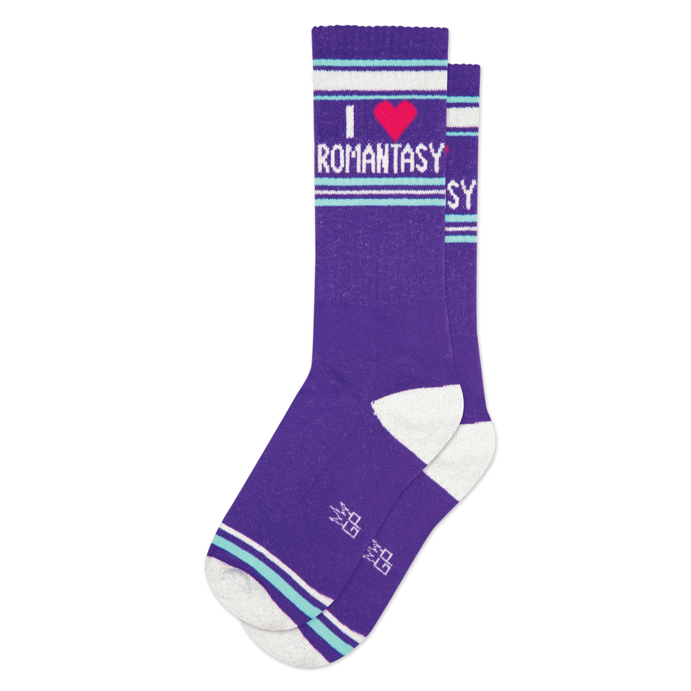 I Love Romantasy Socks. A pair of sports style socks with a romantic slogan. Purple legs, white heel, toe and cuff. 