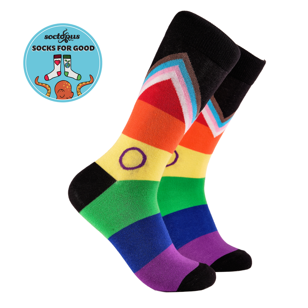 
                      
                        LGBTQA+ Socks - Progress Pride. A pair of rainbow socks with an LGBTQ+ motif. 
                      
                    