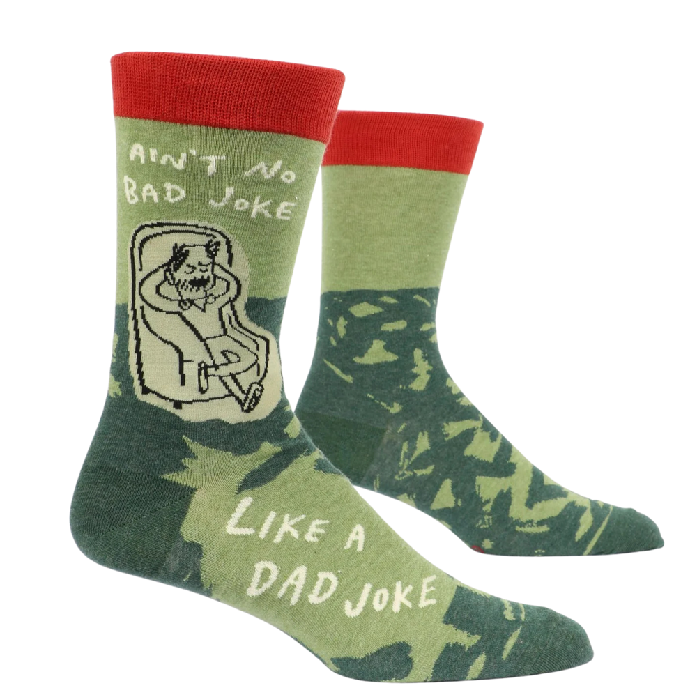 Ain't No Bad Joke Like a Dad Joke Socks. A pair of socks with a dad joke motif. Green legs, heel and toe. Red cuffs. 