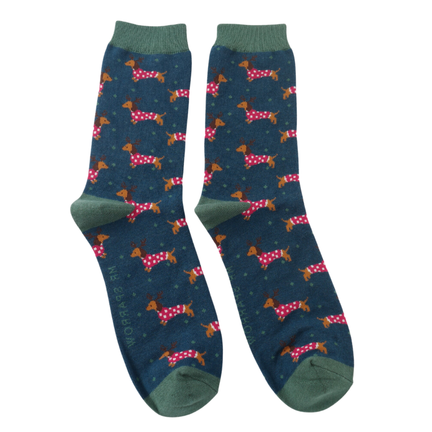 Xmas Sausage Dogs Bamboo Socks - Miss Sparrow. A pair of socks with a festive sausage dog pattern. Dark blue legs, dark green heel, toe and cuff. 