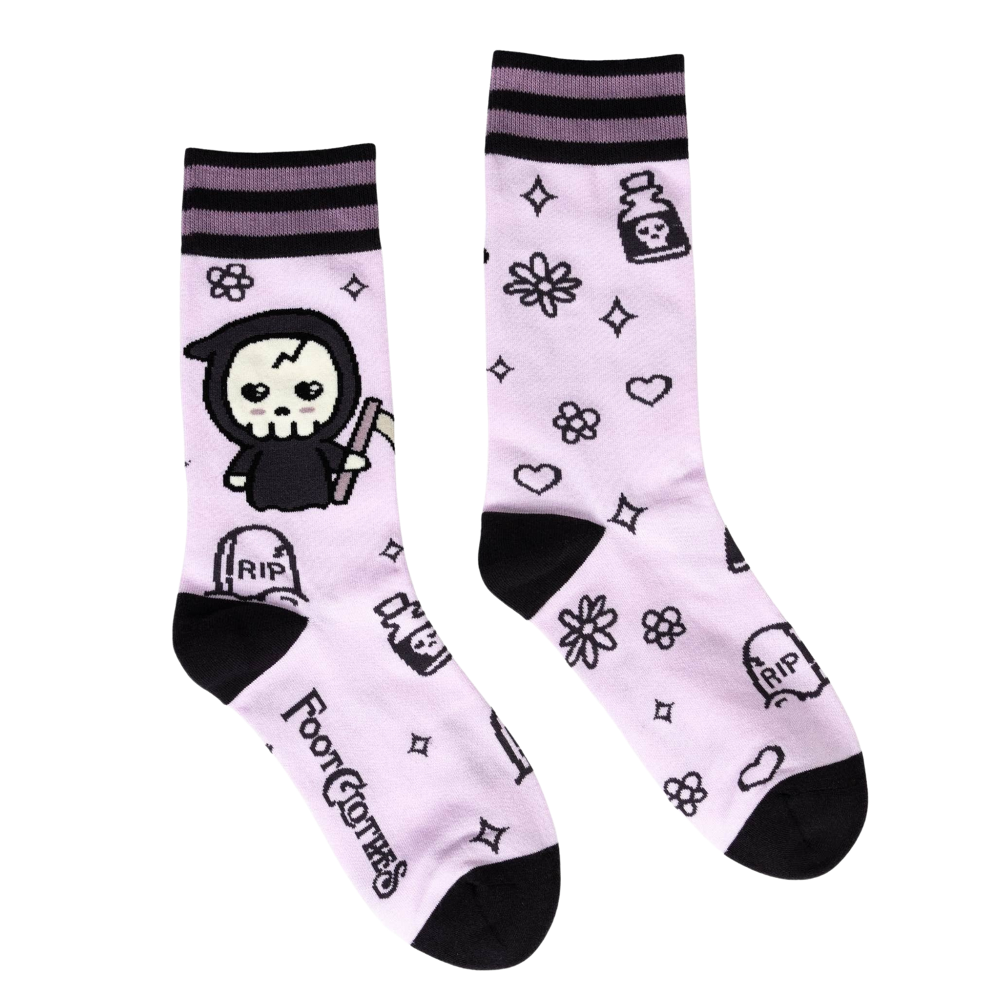 A pair of socks depicting a cartoon version of the grim reaper. Pastel pink socks, cute pattern. Black toes, cuff and heel. 