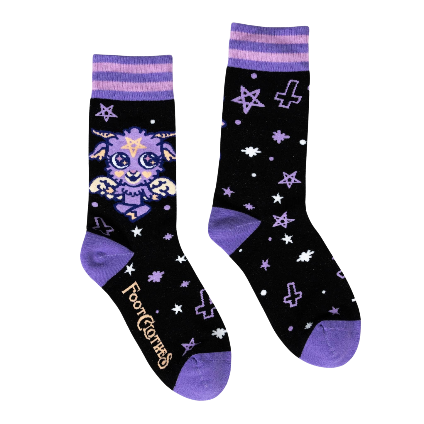 Baby Baphomet Socks. A pair of socks depicting a baby version of the dark lord Baphomet. Purple toe, heel and cuff. 