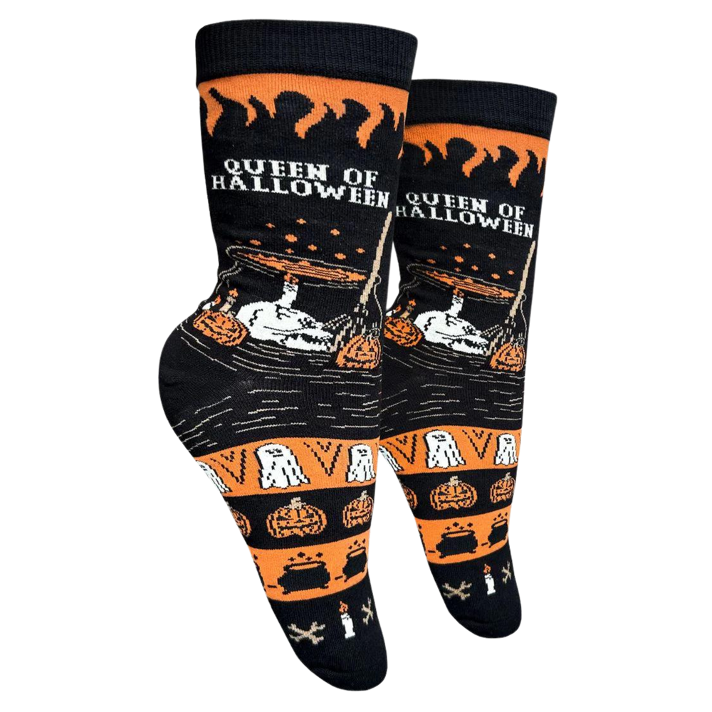 Queen of Halloween Socks - Small. A pair of socks with an orange and black halloween motif. Ghosts, ghouls and pumpkins. 