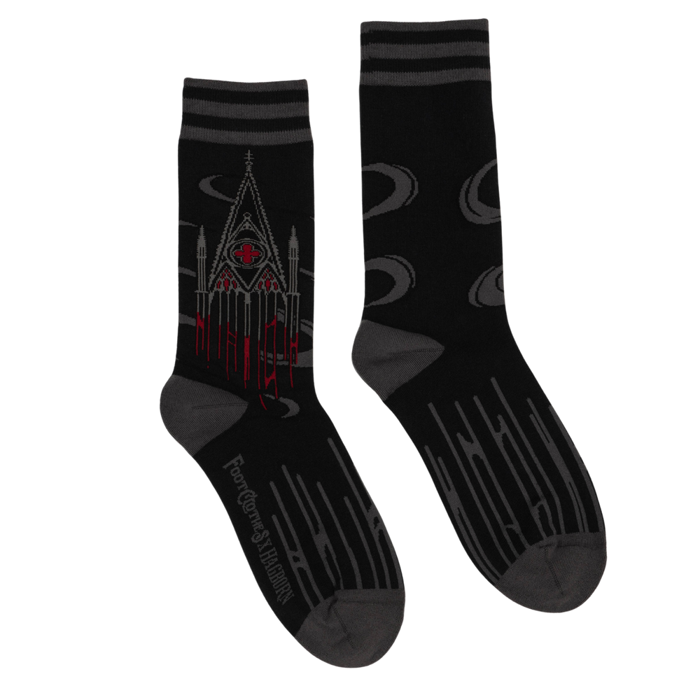 Blood Cathedral Socks. A pair of socks depicting dark gothic architecture. Black on black on black. 