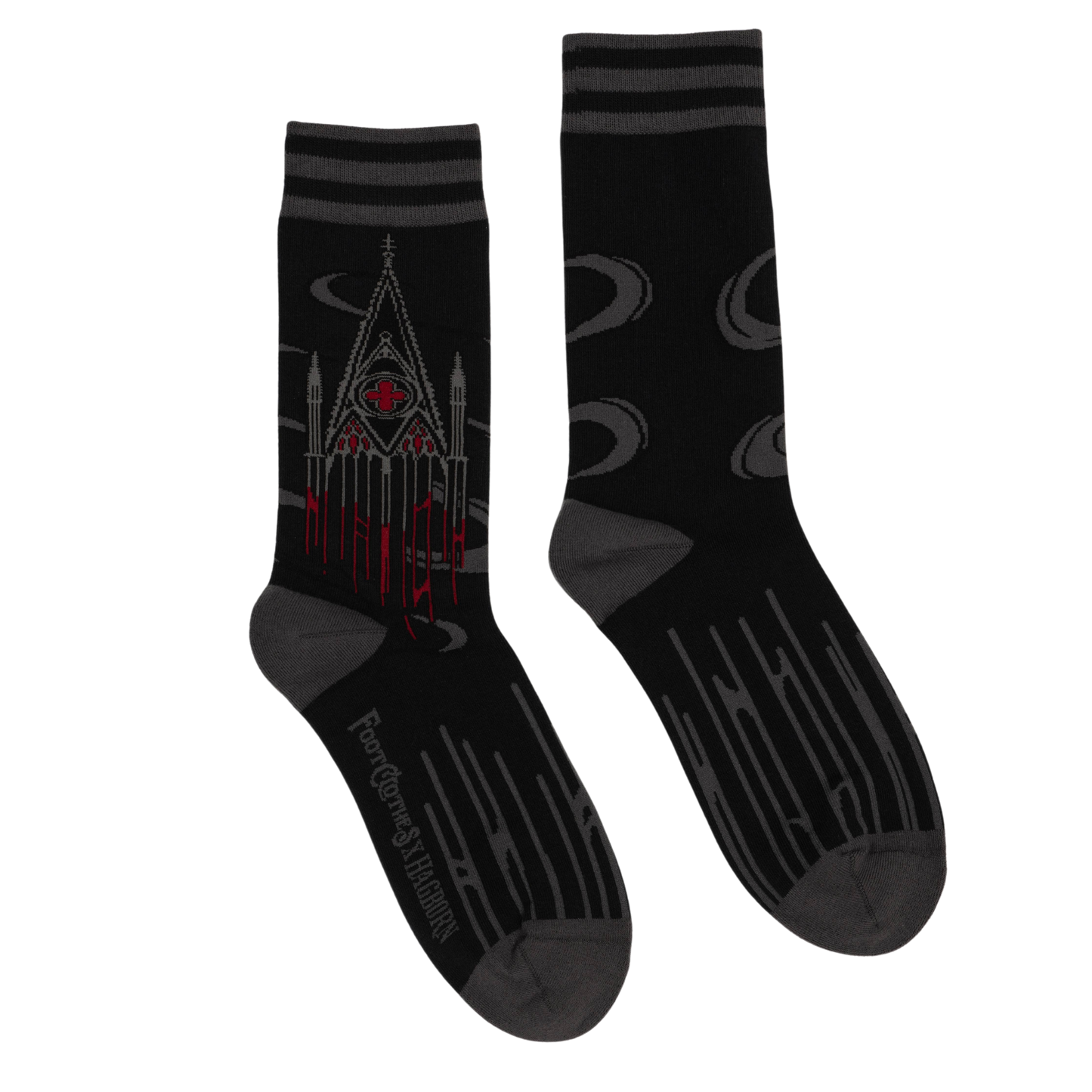 
                  
                    Blood Cathedral Socks. A pair of socks depicting dark gothic architecture. Black on black on black. 
                  
                