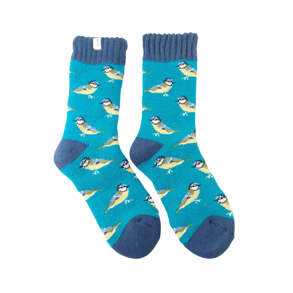 Winter Bluetits Socks - Miss Sparrow. A pair of socks depicting blue tits. Blue legs, dark blue toes, heel and cuffs. 