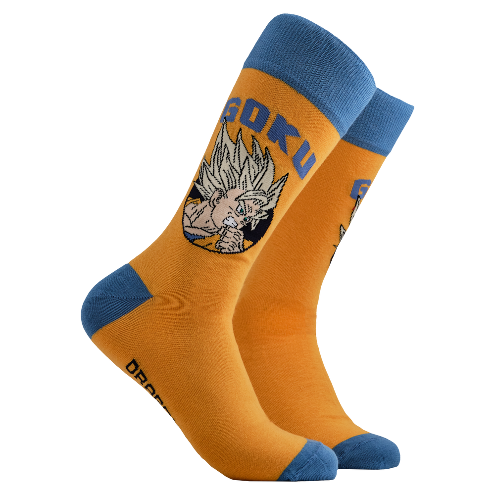 
                      
                        Dragon Ball Z Socks - Super Saiyan Goku. A pair of socks depicting Super Saiyan Goku. Orange legs, light blue heel, toe and  Cuff. 
                      
                    