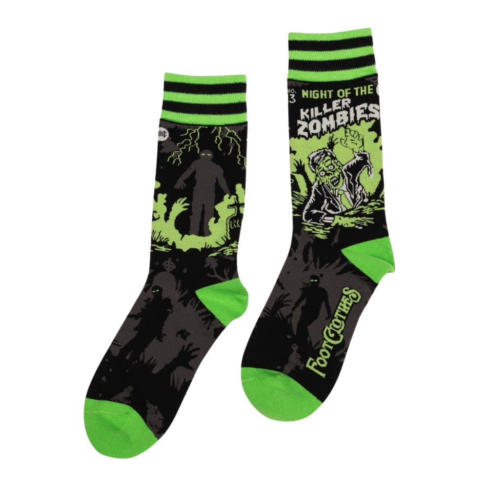 
                      
                        A pair of socks depicting classic zombie imagery. Green toe, heel and cuff. 
                      
                    