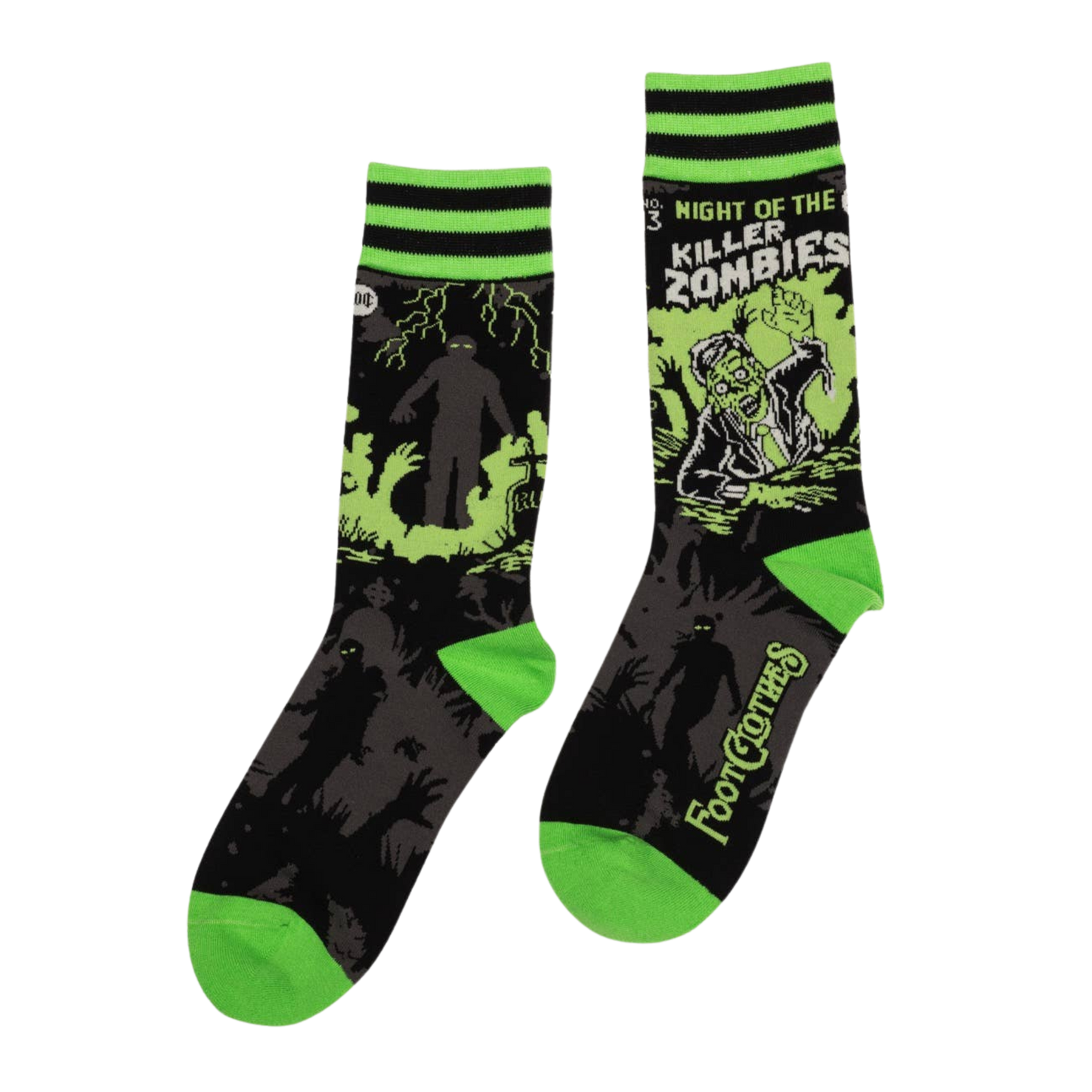 
                  
                    A pair of socks depicting classic zombie imagery. Green toe, heel and cuff. 
                  
                