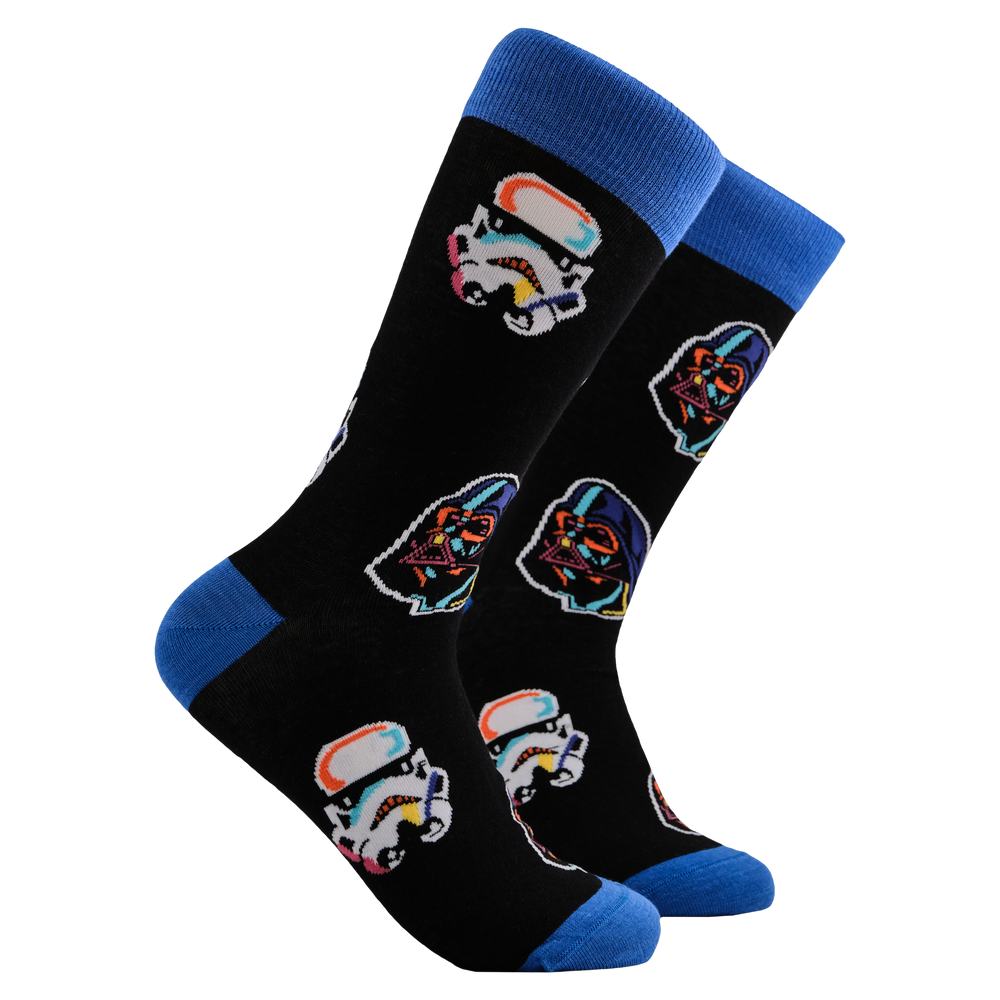 Star Wars Socks - The Power of the Dark Side. A pair of socks depicting stormtroopers and Darth Vader. Black legs, blue cuff, toe and heel. 