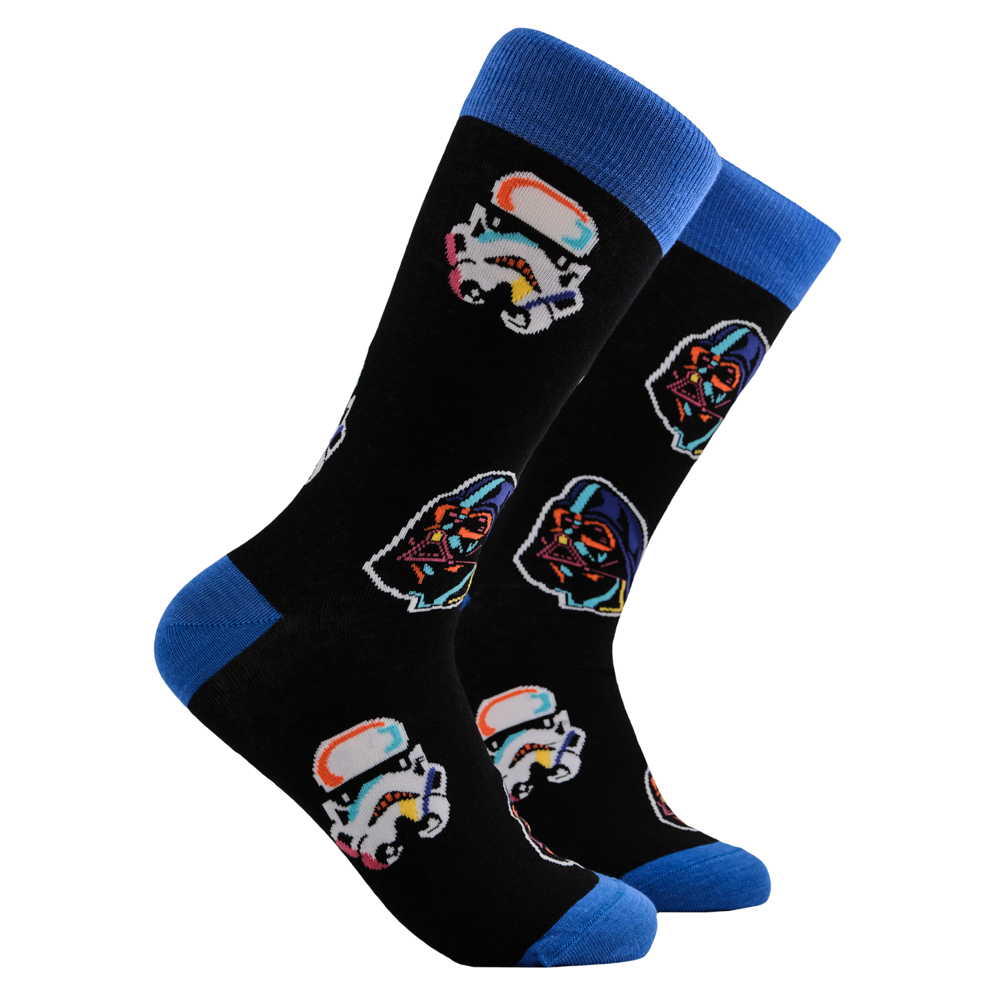 
                  
                    Star Wars Socks - The Power of the Dark Side. A pair of socks depicting stormtroopers and Darth Vader. Black legs, blue cuff, toe and heel. 
                  
                