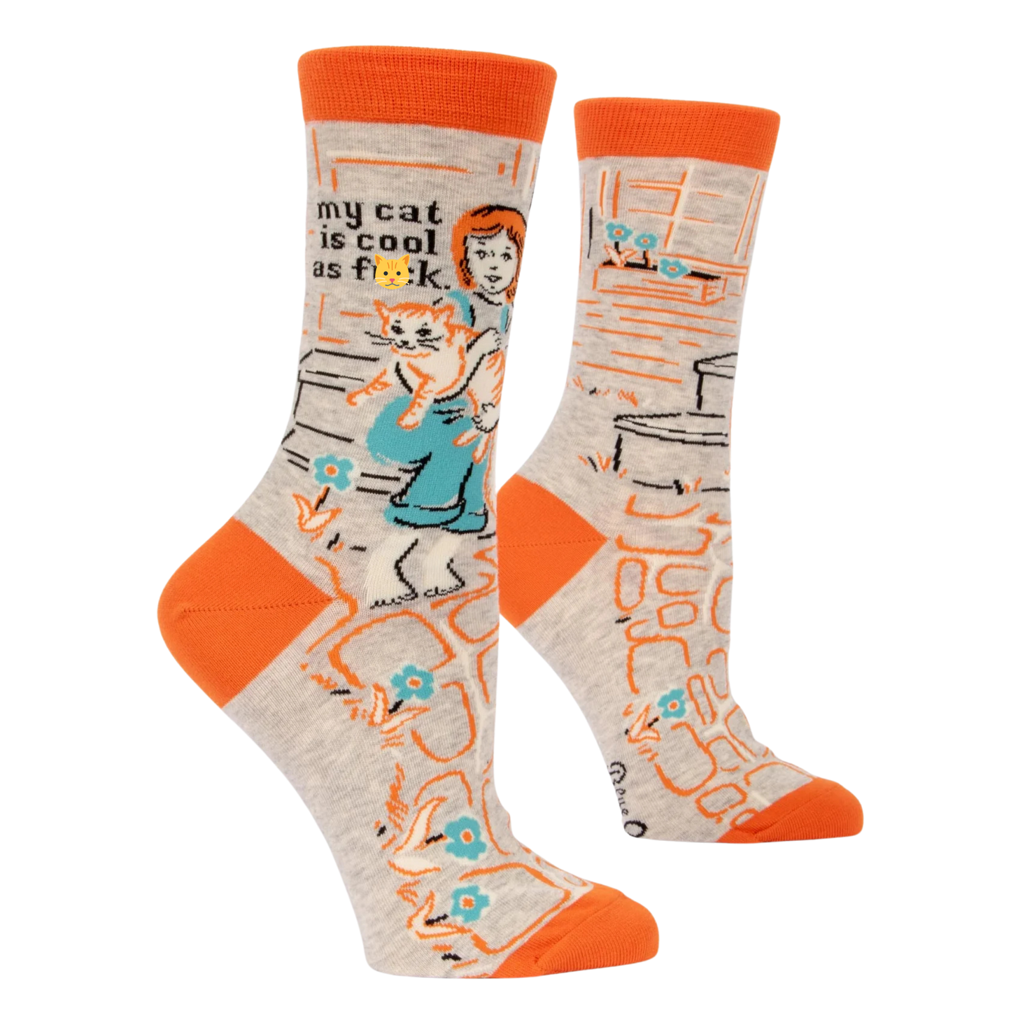 My Cat Is Cool as F**k Socks. A pair of socks depicting cool cats. Brown legs, orange heel, toe and cuff. 