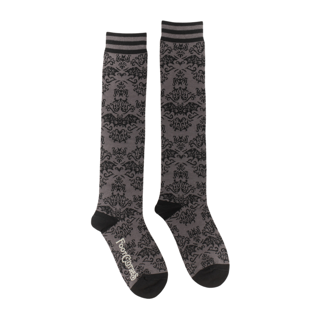 Bat Damask Knee High Socks. A pair of knee high socks with a bat and damask pattern. Grey legs, black, heel, toe and cuff. 