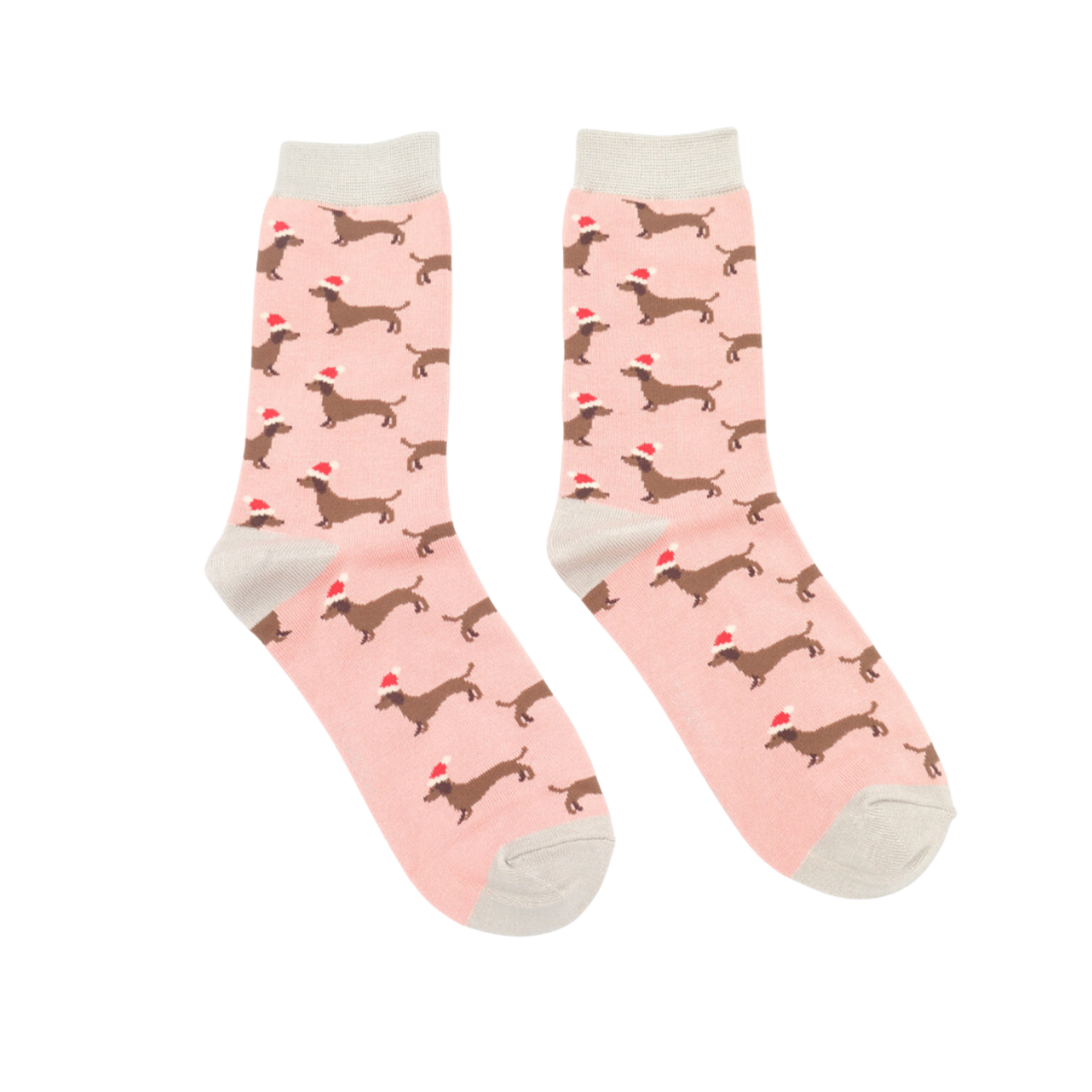 Sausage Santa Dog Bamboo Socks - Miss Sparrow. A pair of socks depicting sausage dogs wearing santa hats. Pink legs. Grey heel, toe and cuff. 