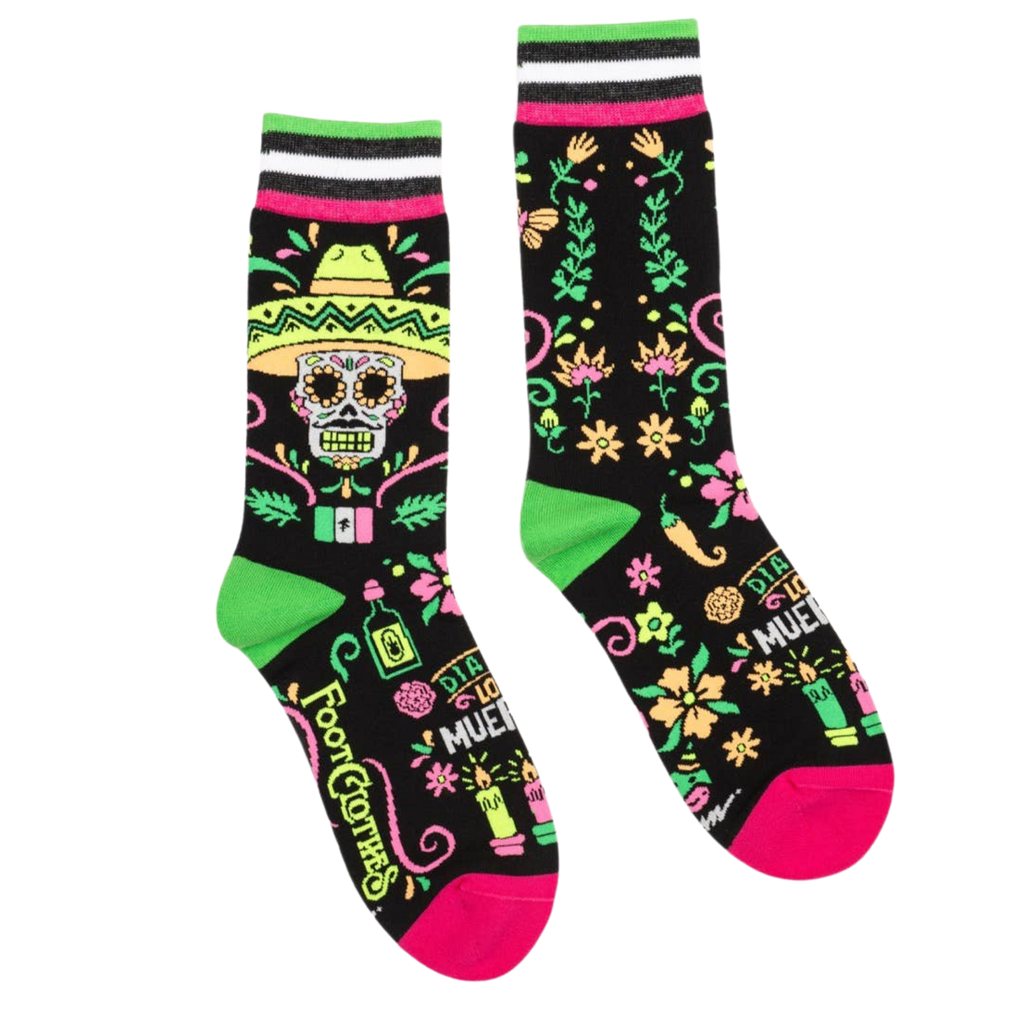 Angelo Montiel Signature Dia de Los Muertos Socks. A pair of socks with a day of the dead motif. Black legs, pink and green heel, toe and cuff. 