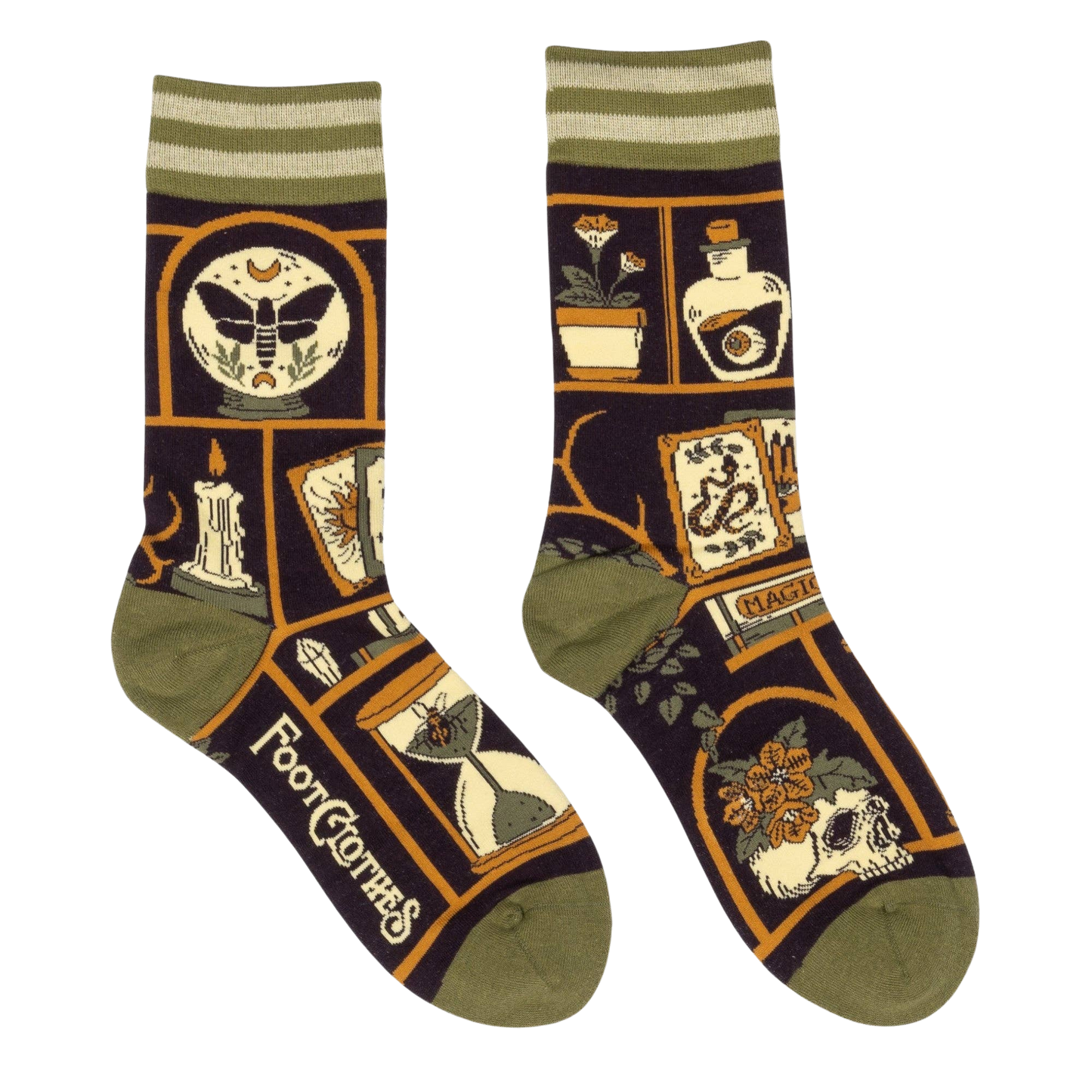 Cabinet of Curiosities Crew Socks. A pair of socks depicting a collection of odd objects. Brown legs, green, heel, toe and cuff. 