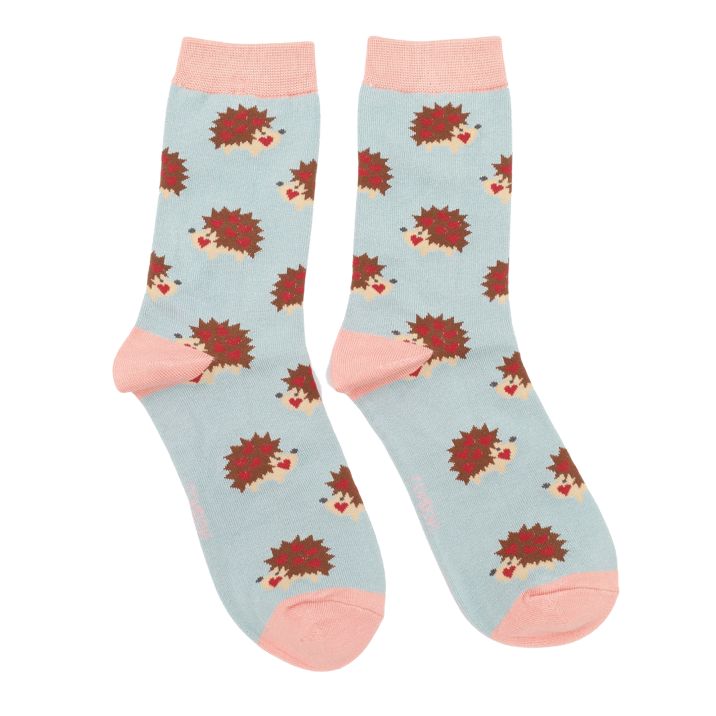 Hearty Hedgehogs Bamboo Socks. A pair of socks with a hedgehog motif. Light blue legs, pink heel, toe and cuff. 