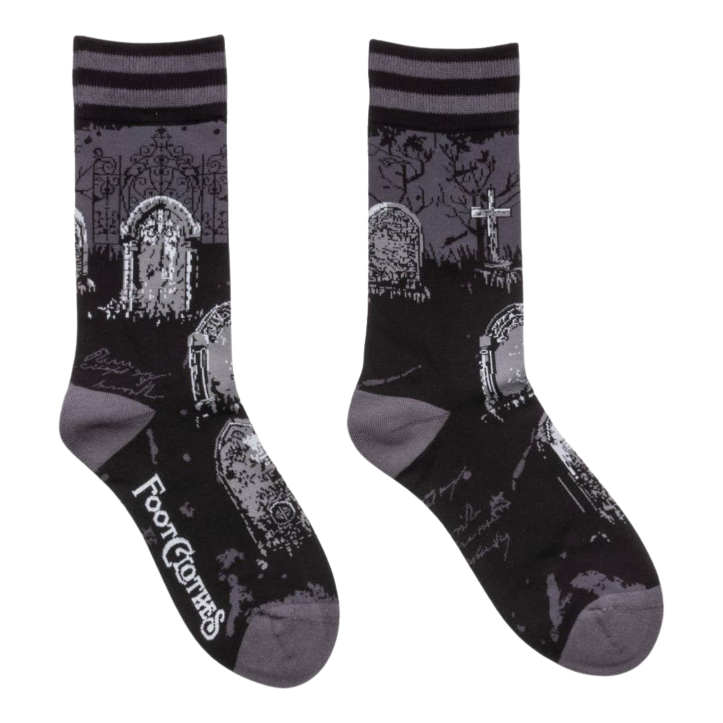 Garden of the Dead Crew Socks. A pair of socks featuring a cemetery motif. Black legs, grey heel, toe and cuff. 