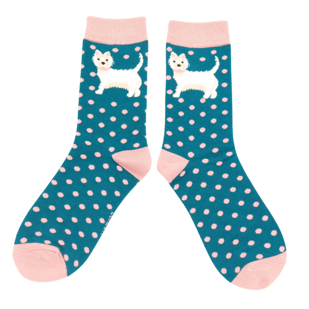 Dogs Bamboo Socks. A pair of socks with a scottie dog motif. Teal legs, pink heel, toe and cuff. 