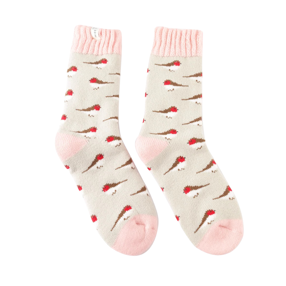 Winter Little Robins Socks - Miss Sparrow. A pair of winter socks depicting little robbins. Pink heel, toe and cuff. 