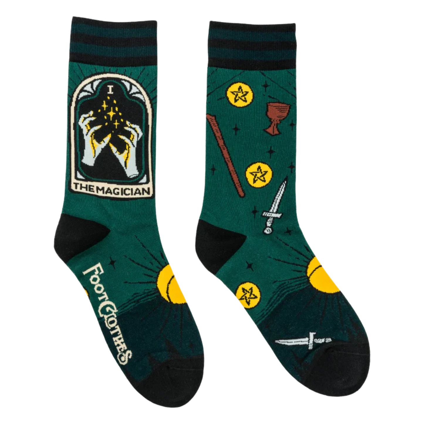 The Magician Tarot Nouveau Crew Socks. A pair of socks featuring the Magician tarot card. Green legs, black heel, toe and cuff. 