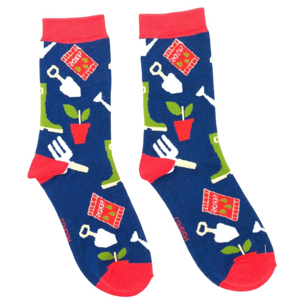 
                      
                        A pair of socks featuring gardening tools. Dark blue legs, red heel, toe and cuff. 
                      
                    