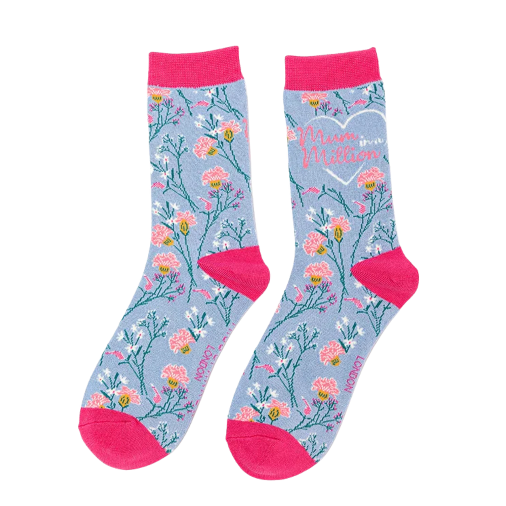 Mum in a Million Bamboo Socks. A pair of socks with a floral motif and a mum in a millions slogan. Blue legs, pink heel, toe and cuff. 