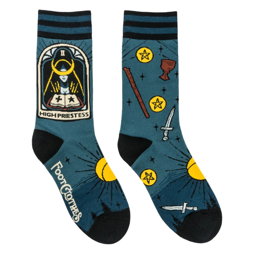 
                      
                        The High Priestess Tarot Nouveau Crew Socks. A pair of socks featuring the high priestess tarot card. Green legs, black heel, toe and cuff. 
                      
                    