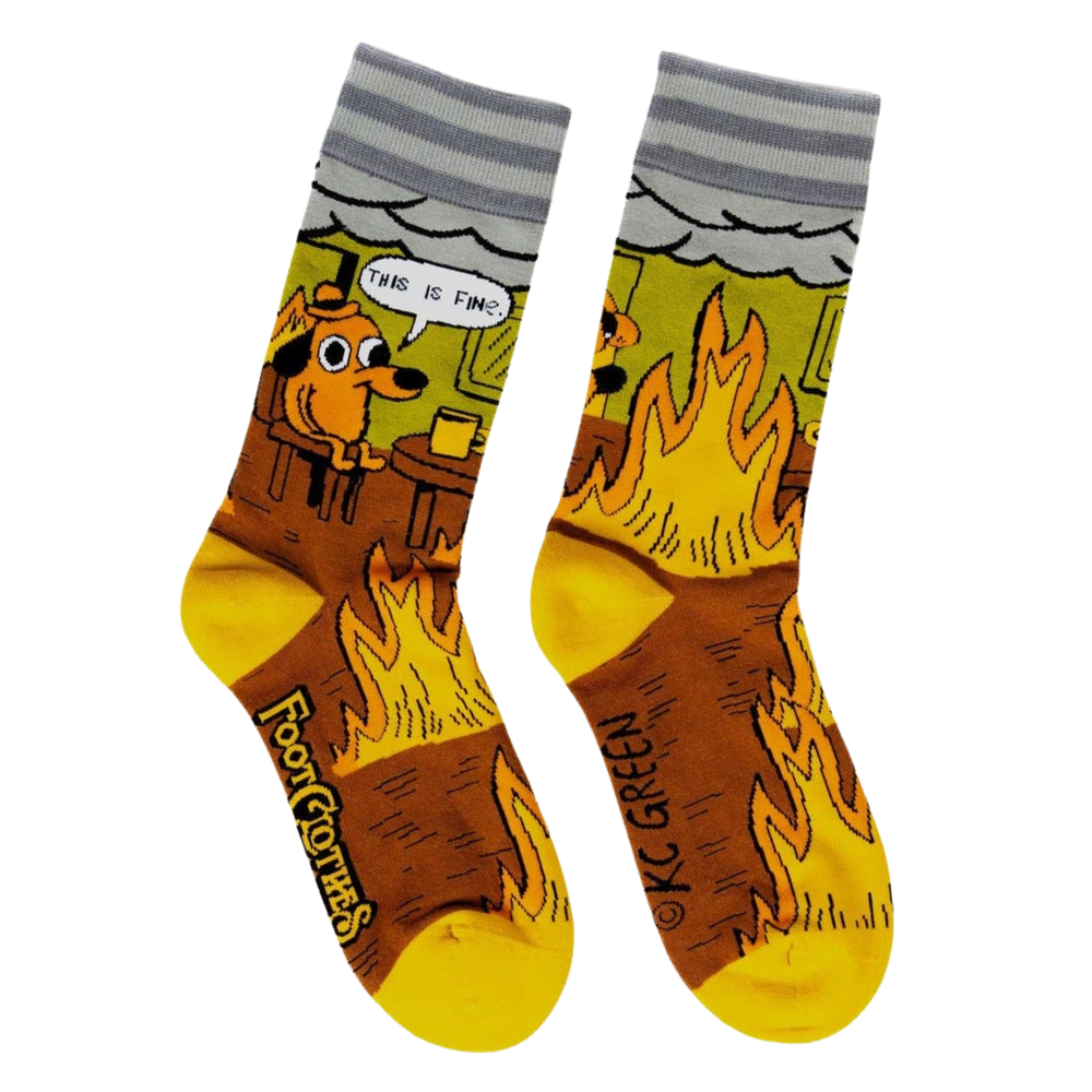 
                      
                        This is Fine: Also, Not Fine. Socks. A pair of socks featuring a design by KC Green. Brown flaming legs, yellow heel, toe and cuff. 
                      
                    