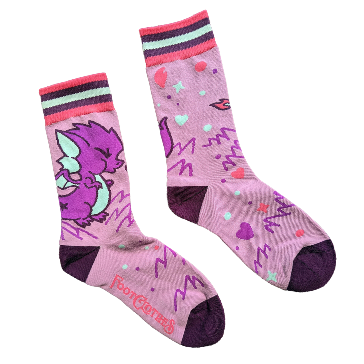 Cute Dragon Socks. A pair of socks featuring a cute dragon motif. Pink legs, purple heel, toe and cuff. 