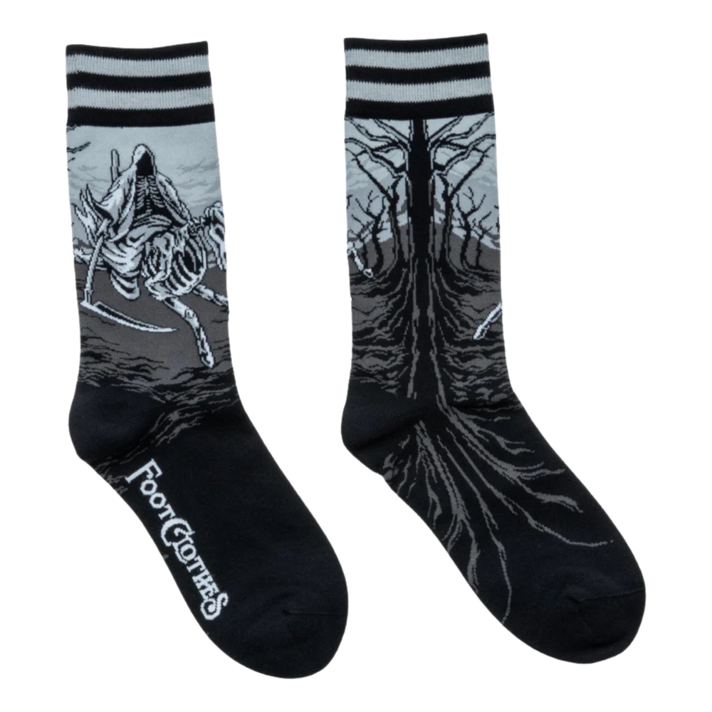 
                      
                        Death on a Pale Horse Crew Socks. A pair of socks featuring death on a horse. Black legs, grey heel and cuff. 
                      
                    