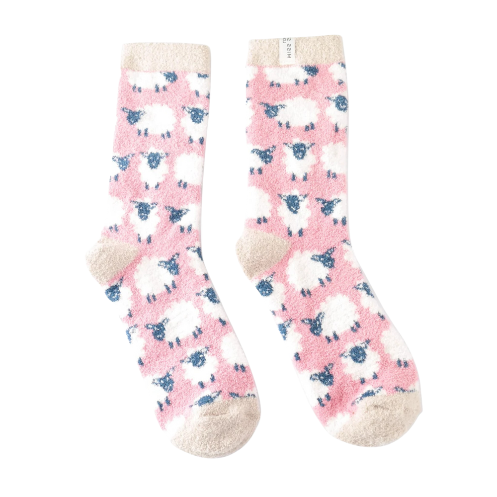 Happy Sheep Winter Socks - Miss Sparrow. A pair of socks depicting a sheep pattern. Pink legs, cream heel, toe and cuff.  