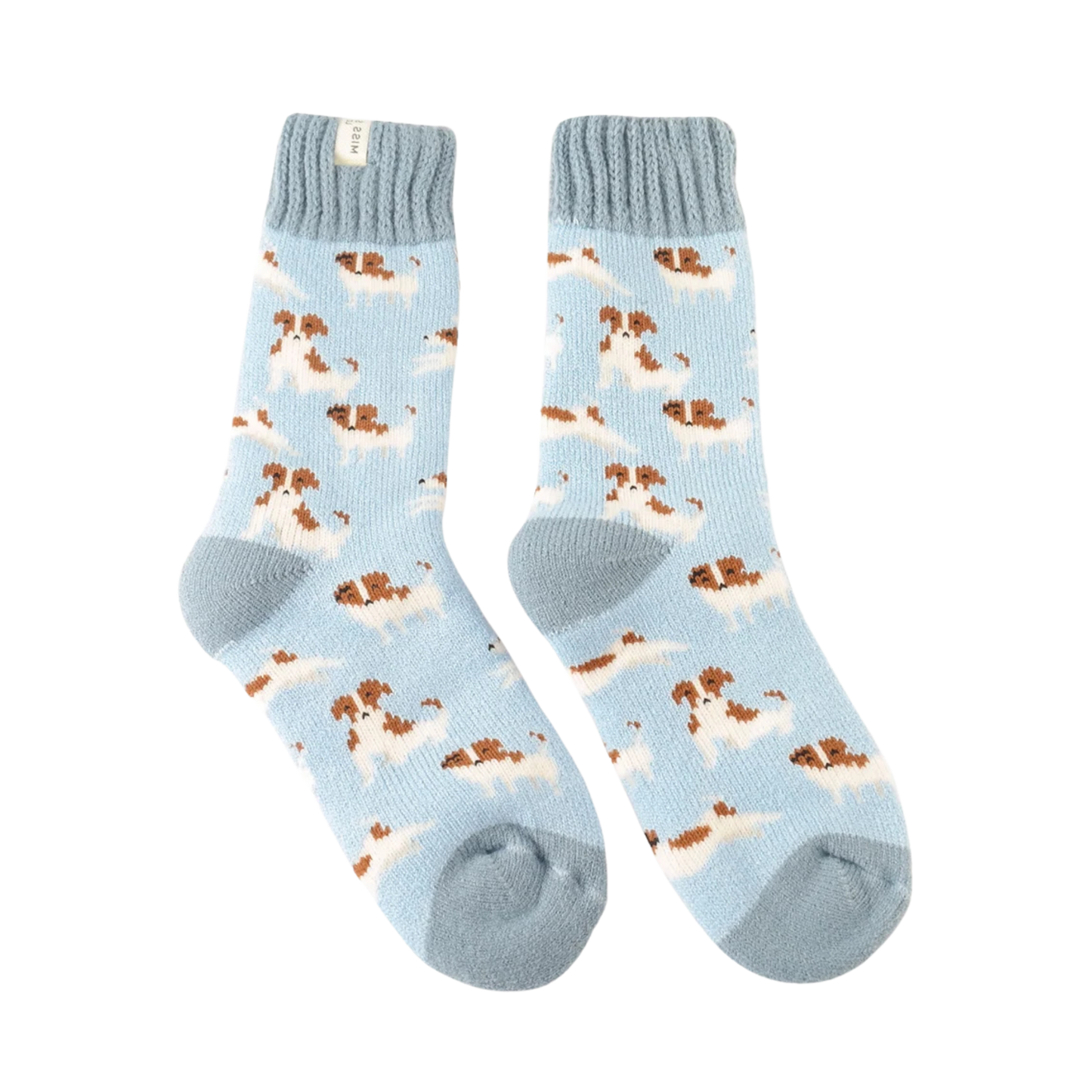 Winter Jack Russells Socks - Miss Sparrow.  A pair of socks depicting jack russells. Blue Legs. Grey heel, toe and cuff.  