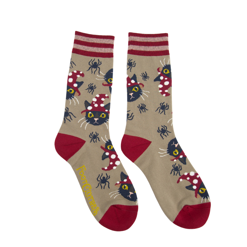 Witchy Whiskers Socks. A pair of cocks with a cute cat and spider halloween pattern. Red heel, toe and cuff. 