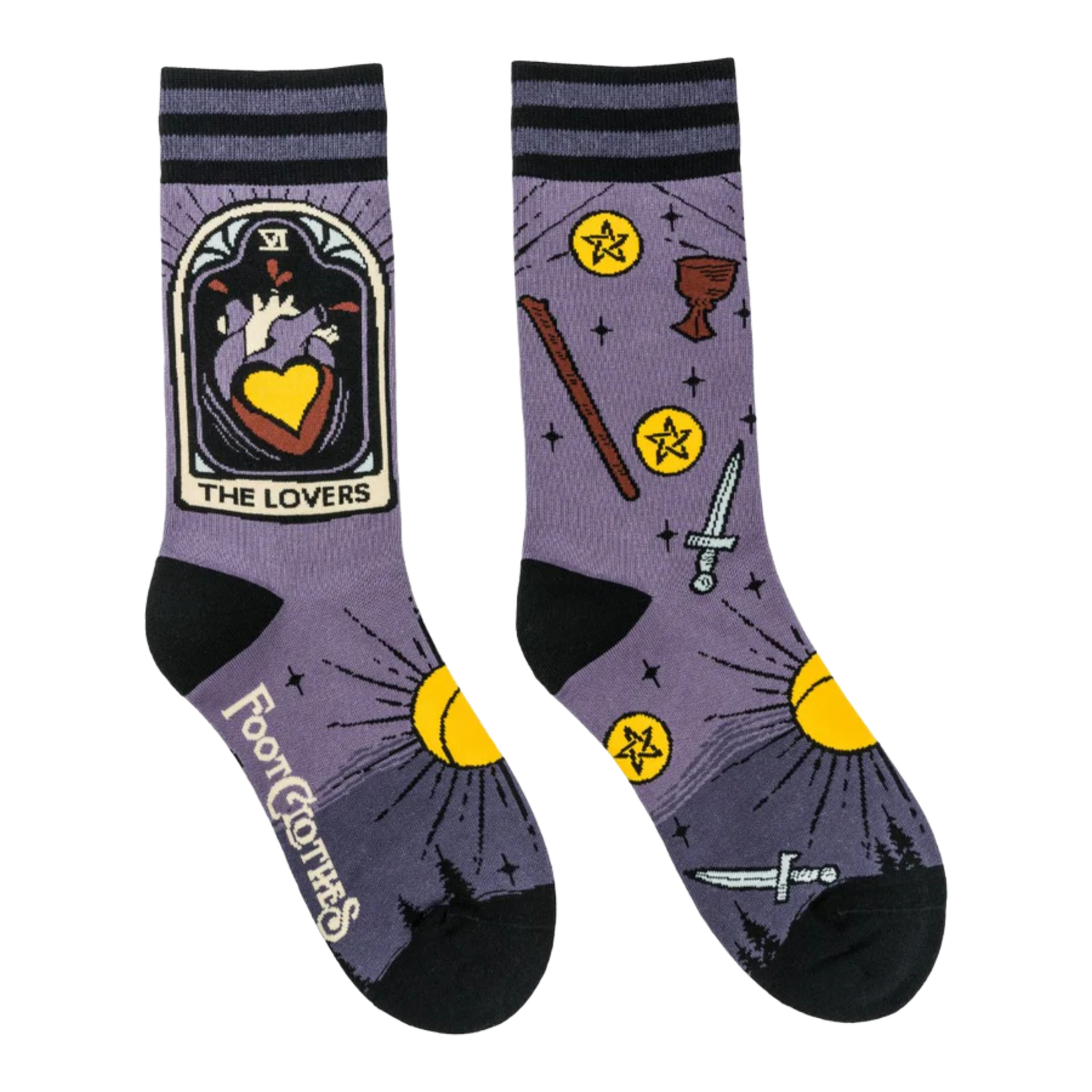 The Lovers Tarot Nouveau Crew Socks. A pair of socks depicting the lovers tarot card and tarot symbols. Purple legs, black heel toe and cuff. 