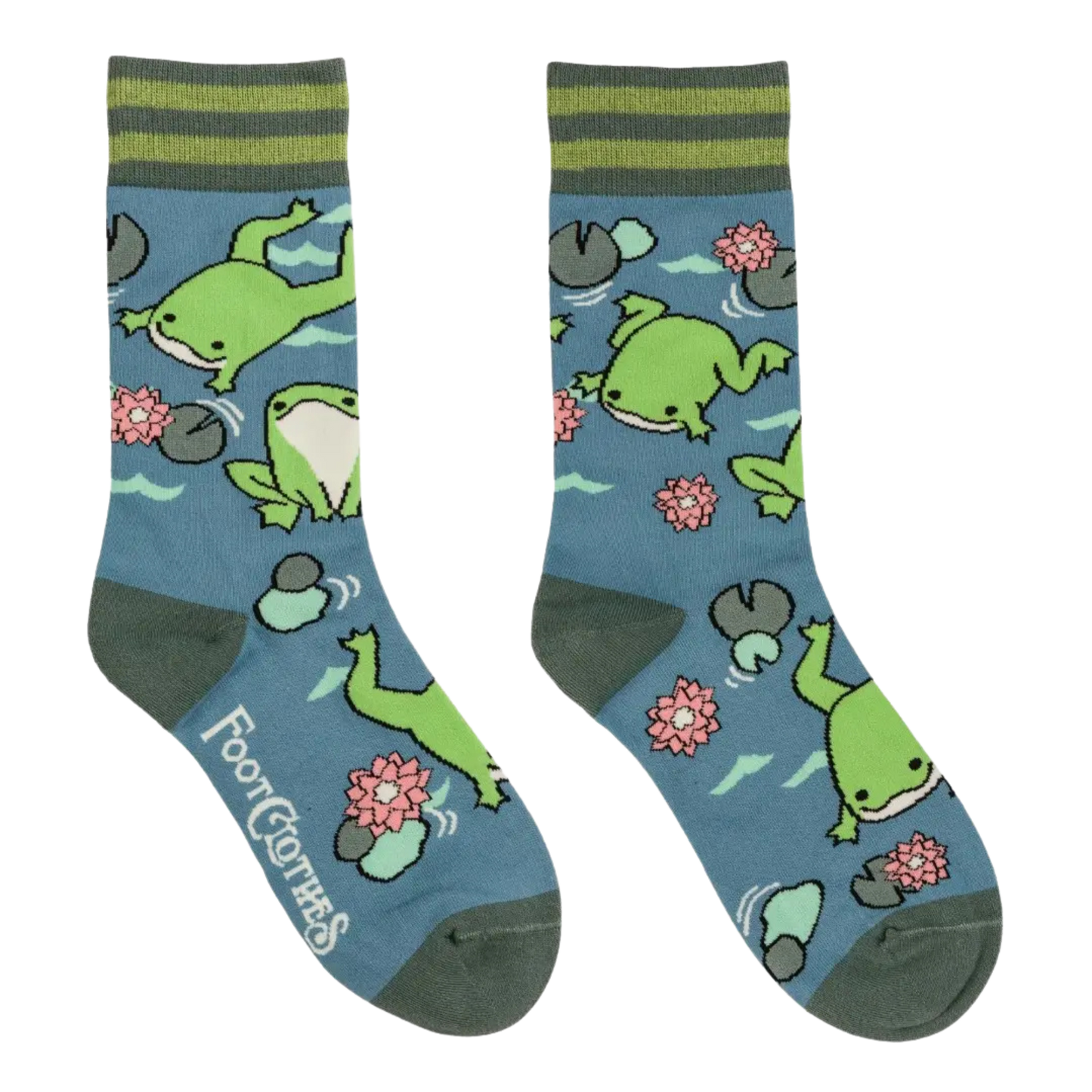 Hoppy Days Crew Socks. A pair of socks featuring cute hoppy socks. Blue legs, green, heel, toe and cuff. 