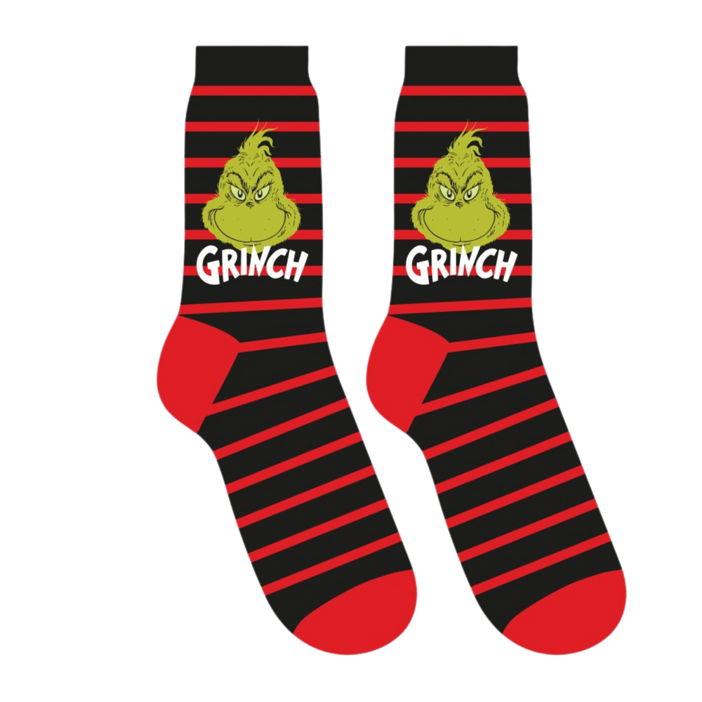 
                      
                        The Grinch Socks. A pair of socks depicting The Grinch. Black and red striped legs. Red heel and toe. 
                      
                    