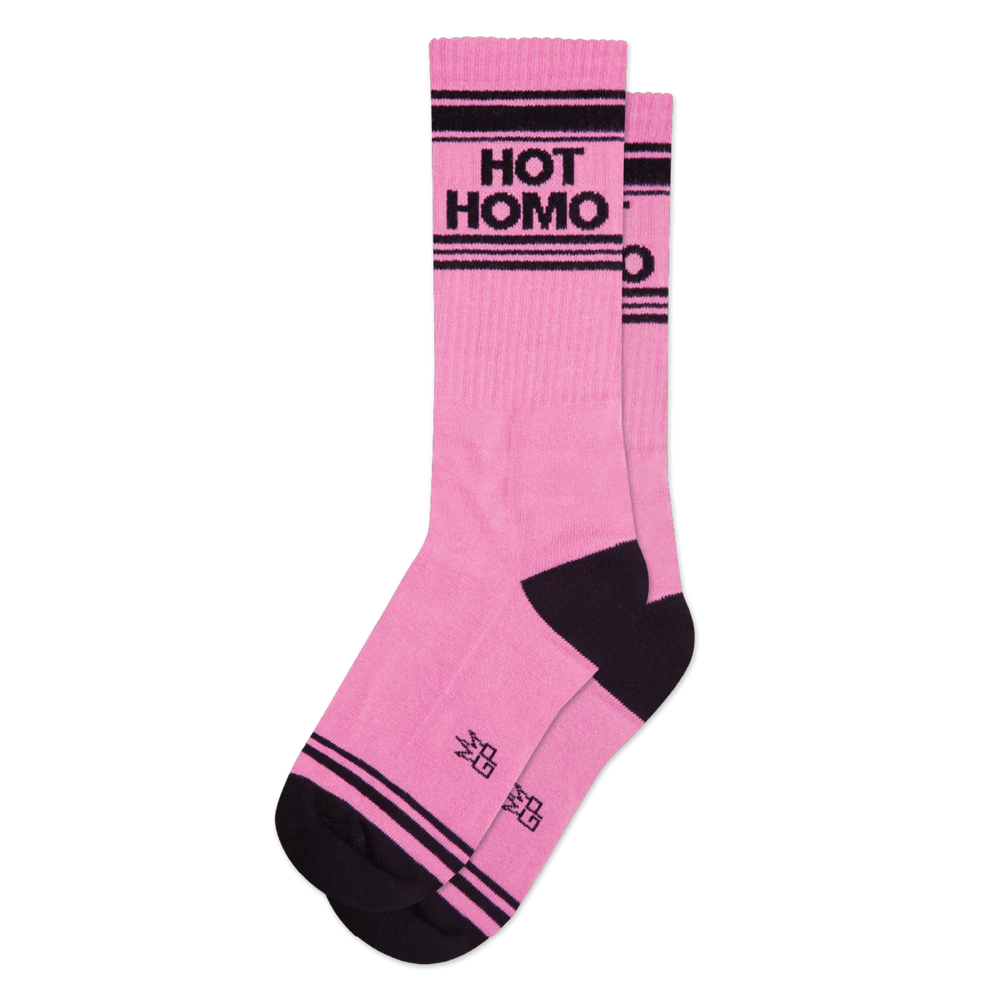 Hot Homo Athletic Socks. A bright pink pair of sports style socks with the slogan "Hot Homo". 