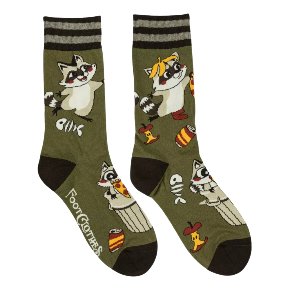 
                      
                        Trash Panda Pizza Party Crew Socks. A pair of socks featuring trash pandas. Green legs, dark green heel, toe and cuff. 
                      
                    