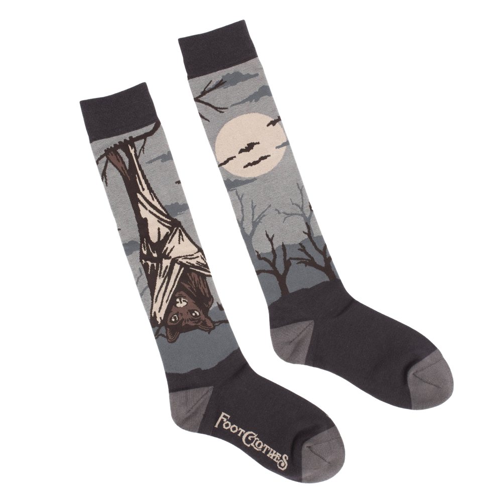 Bat Knee High Socks. A pair of socks depicting a spooky vampire bat. Knee high for comfort. Grey toe, heel and cuff. 