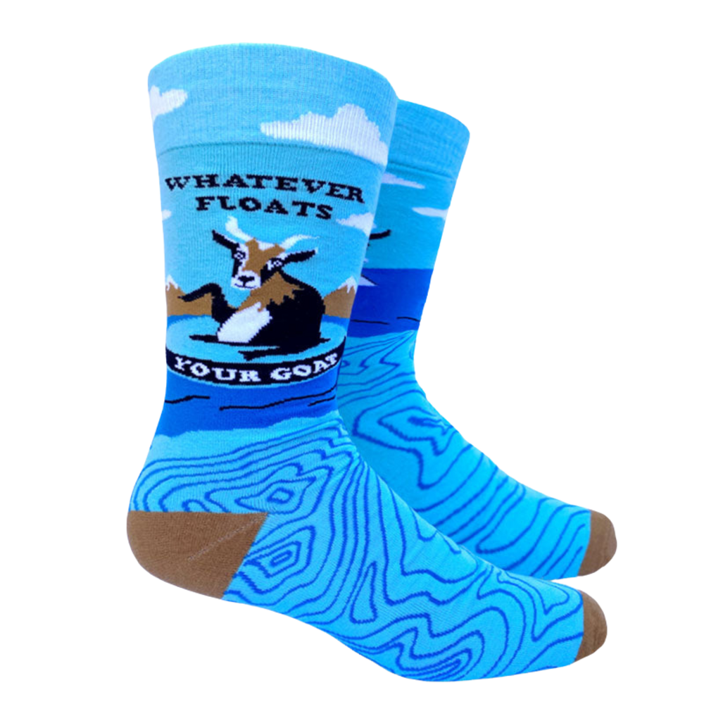 Whatever Floats Your Goat Socks - Large. A pair of socks depicting a floating goat and a  fun slogan. Brown toes, cuffs and heel. 