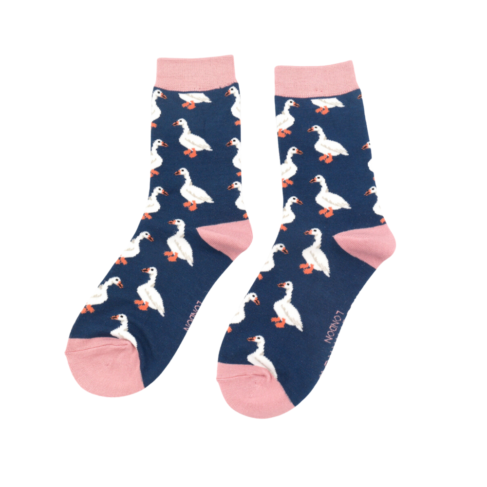 White Ducks Bamboo Socks - Miss Sparrow. A pair of socks celebrating white ducks. Dark Blue Legs, Pink heel, toe and cuff