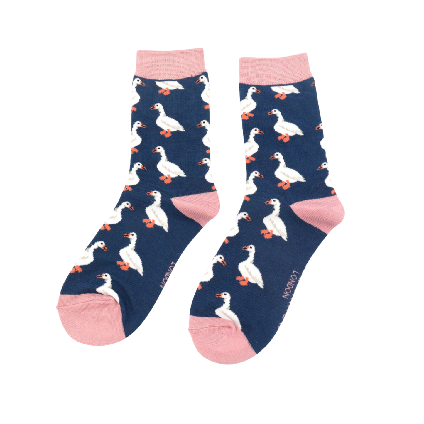 
                  
                    White Ducks Bamboo Socks - Miss Sparrow. A pair of socks celebrating white ducks. Dark Blue Legs, Pink heel, toe and cuff
                  
                