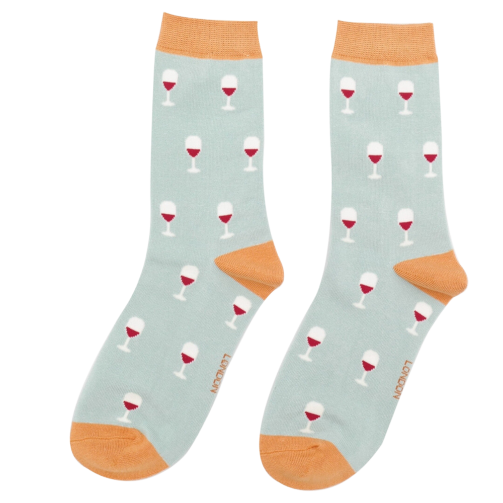 
                      
                        Wine Glass Bamboo Socks - Miss Sparrow. A pair of socks with glasses of red wine. Light blue legs, orange cuff, heel and toe. 
                      
                    